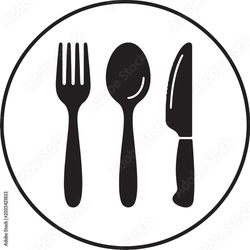 Black silhouette of a fork, spoon, and knife enclosed within a circular border, representing dining and eating tools.