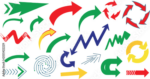 Collection of diverse arrows in various colors and styles indicates direction, movement, and progression.
