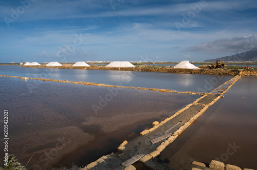 Windmills at the natural reserve of the salt pans near Marsala and Trapani, Sicily - salt evoporation pond in Trapani, Sicily island, Italy