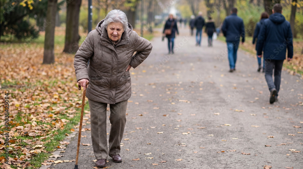 Obraz premium senior woman with a chronic pain walking in the park. aging concept. Copy space for a text