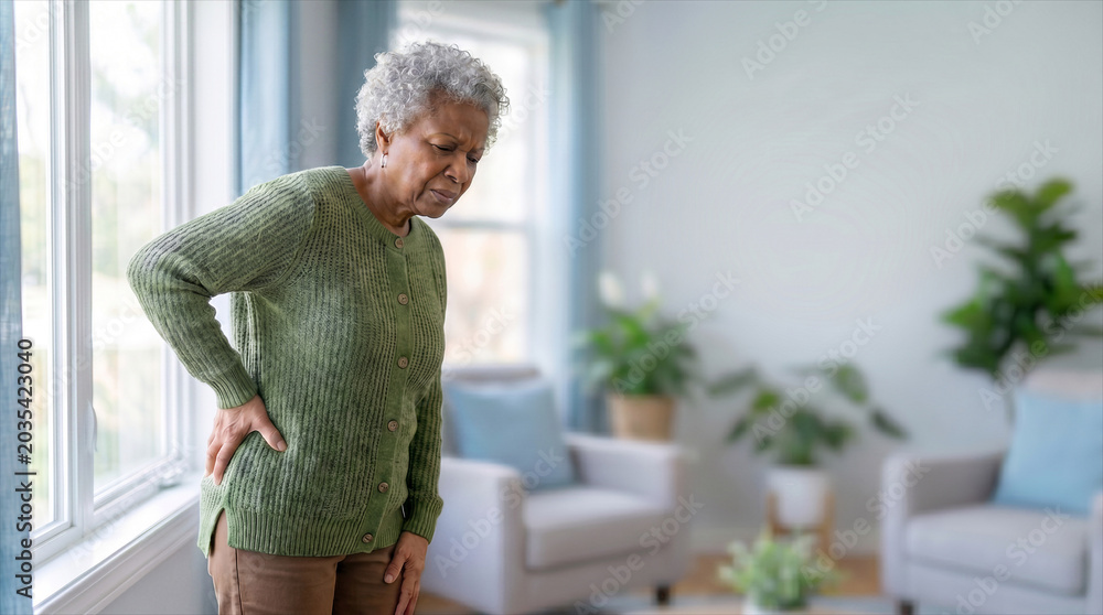 Fototapeta premium a senior woman has a hip bones pain on a light living room background. Copy space for text