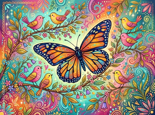Vibrant butterfly and whimsical floral artwork, colorful nature scene, artistic wall decor, fantasy art, decorative illustration, nature-inspired design, vibrant colors, intricate details
