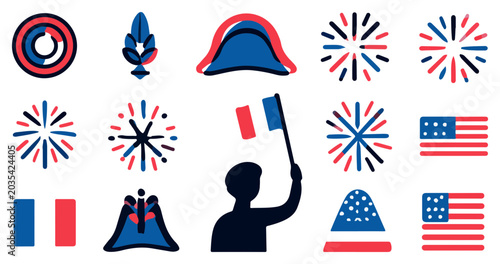 Collection of French and American patriotic symbols and celebration icons.