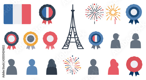 French National Symbols and Bastille Day Celebration Graphic Icons Set.