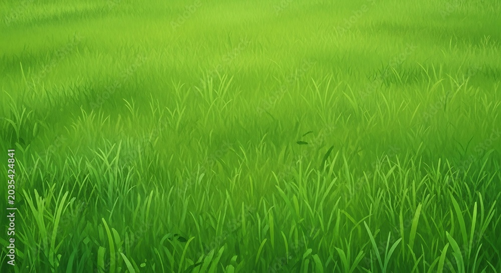 Fototapeta premium A vibrant, painterly close up of dense green grass blades bathed in warm summer light, evoking tranquility and natural beauty.
