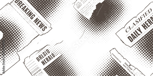 Bild auf Leinwand Torn newspaper fragments with halftone dots and headlines like Breaking News Cla