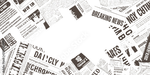 Fotografie Overlapping vintage newspaper clippings with bold headlines and text in brown an