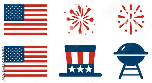 Patriotic American symbols for Fourth of July celebrations including flags fireworks hat and grill.