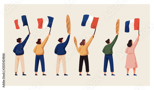 People waving French flags together.