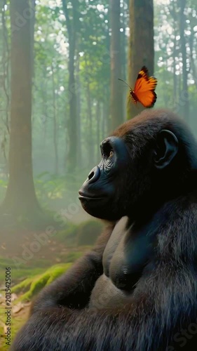 Peaceful gorilla with orange butterfly in misty jungle
