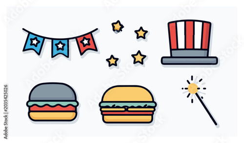 Vibrant collection of American celebration icons for patriotic holidays and summer events.