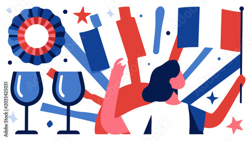 Woman Celebrating with Wine Glasses and Flag.