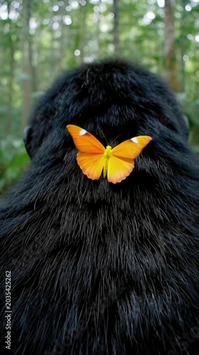 Bright Orange Butterfly on Black Gorilla Fur