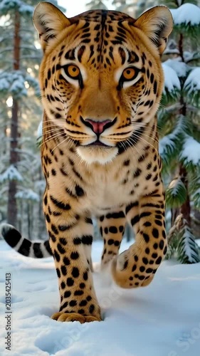 Leopard Paws Walking in Winter Forest Snow