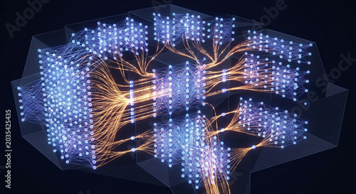 3D abstract neural network. Deep learning computer data connection model