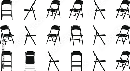 Black metal folding chair silhouettes displayed from various angles.
