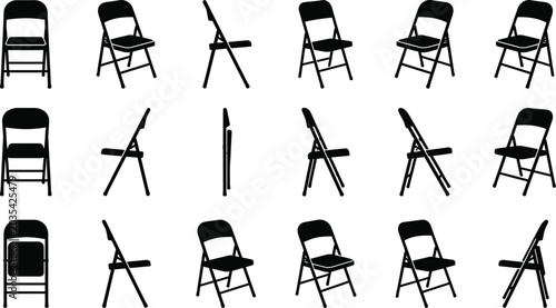 Black metal folding chair silhouettes displayed from various angles.