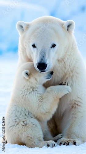 Polar Bear Mother Hugging Cub in Arctic Snow