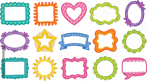 Colorful, scribble-style doodle frames featuring whimsical scalloped edges.