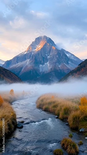 Golden Hour Mountain Peak Above Misty Valley River