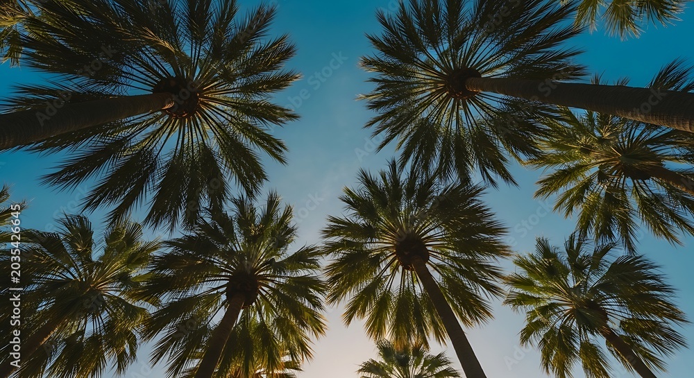 Fototapeta premium Lush green palm trees framed upward against a vibrant blue sky, evoking tropical summer vacation vibes.