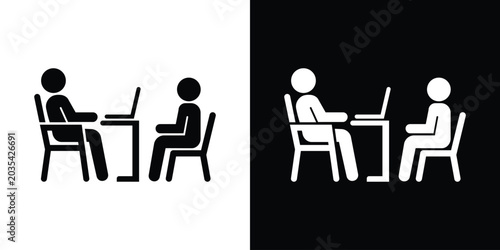 Photos Vector icon of a professional working on a laptop at a desk while interviewing or consulting with a client sitting opposite