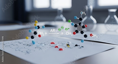 Molecular chemistry reaction visualized with colorful 3D models on paper with chemical formulas