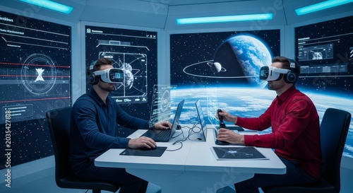 Two People Immersed in Virtual Reality Simulation of Space Exploration in a Futuristic Control Room