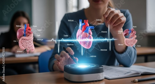 Student interacting with a holographic human heart and vital signs display for medical education and research