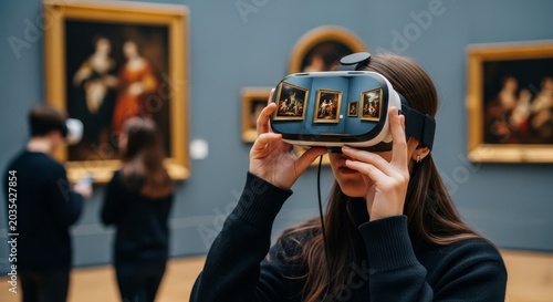 Woman Immersed in Virtual Reality Art Experience Within a Museum Gallery