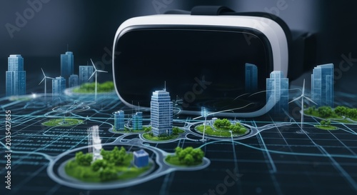 Virtual reality headset hovering over a futuristic digital cityscape blueprint for immersive technology exploration