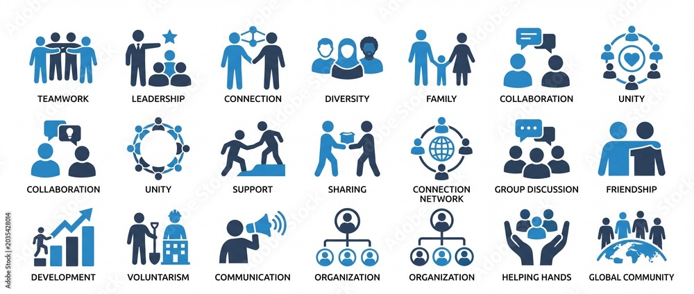 Fototapeta premium Collection of blue icons representing teamwork leadership connection diversity family unity and collaboration concepts for business and social themes