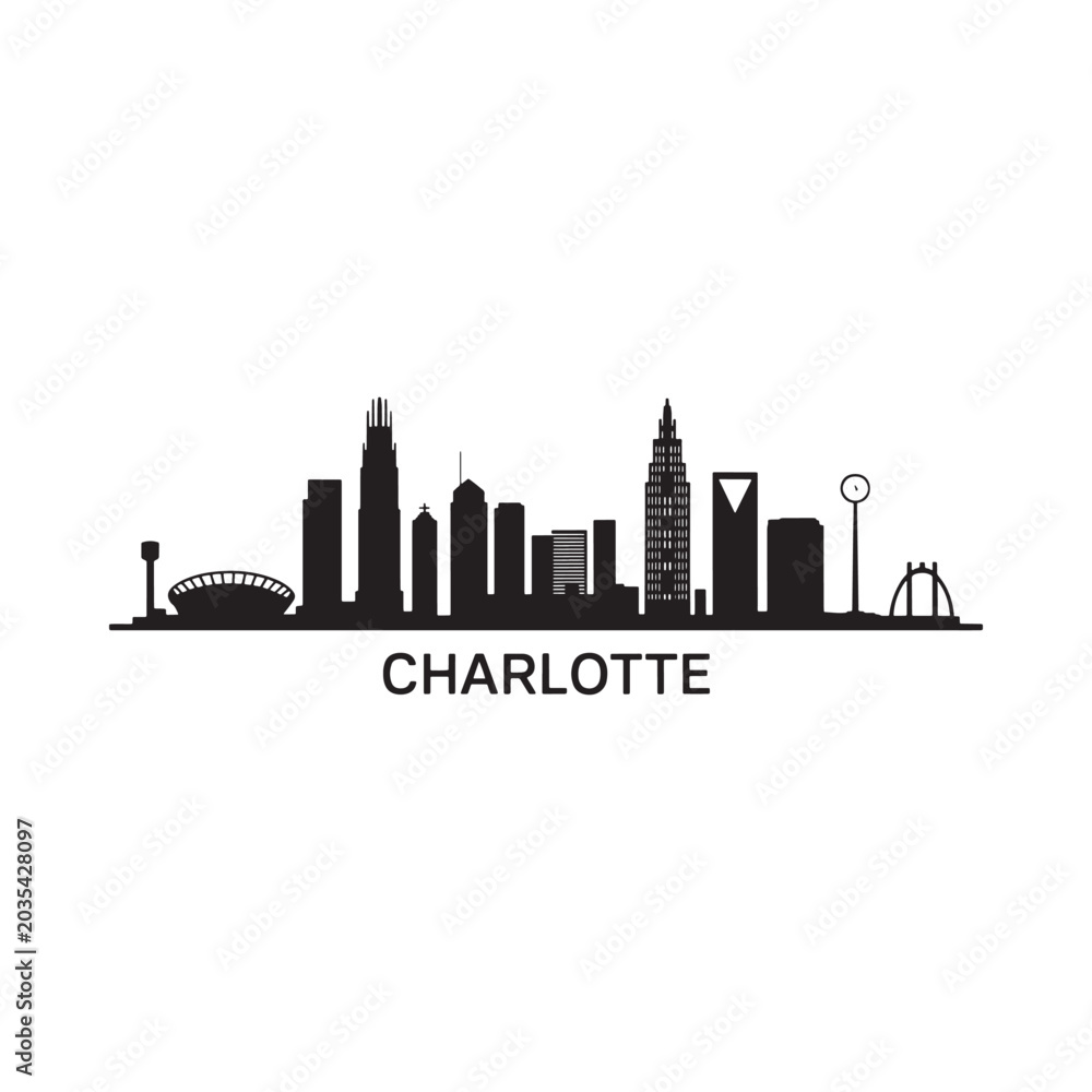 Obraz premium Charlotte skyline silhouette with city name on white background