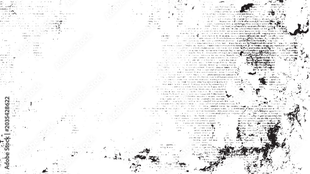 Fototapeta premium Distressed black and white textured background with illegible text and ink splatters abstract grunge