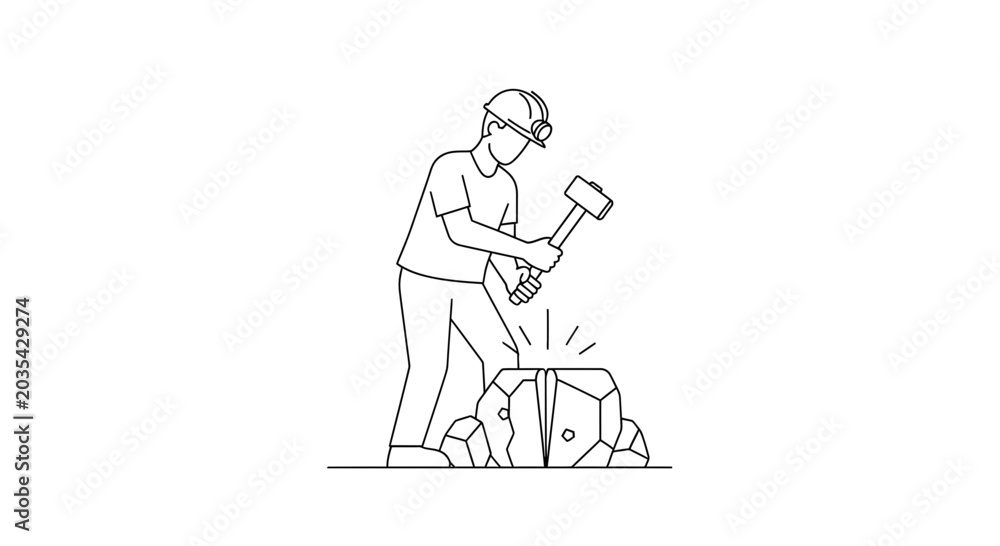 Naklejka premium Miner Breaking Rock with Hammer, Mining Industry Concept