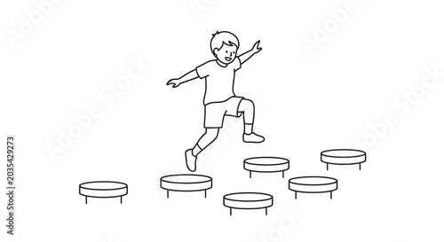 Happy child jumping on stepping stones, illustration of childhood, progress, and fun