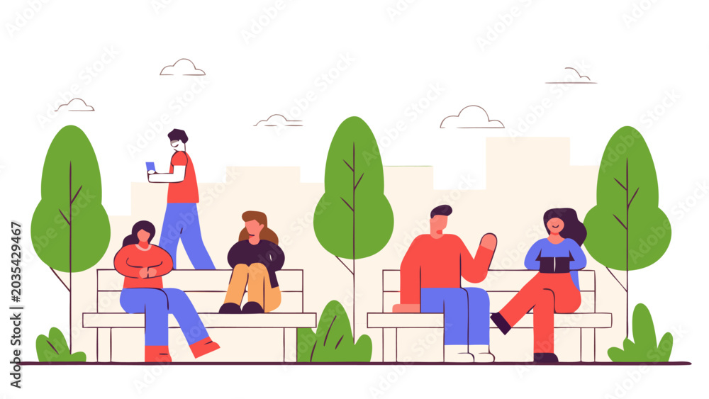 Fototapeta premium People Sitting on Benches Line Art Collection for Urban Design
