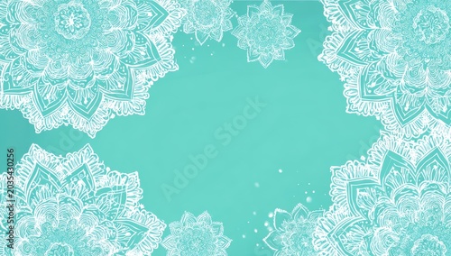 White Mandala Lace Border on Turquoise Background for Elegant Decorative Artistic Ornamental Design