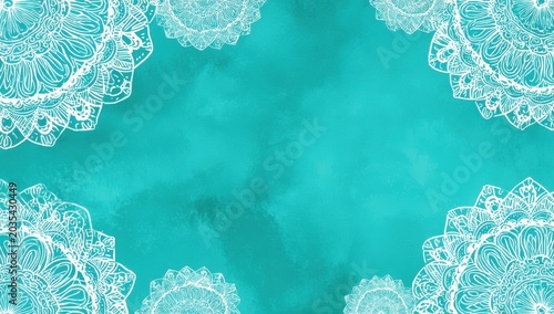 intricate White Lace Mandala Corners on Teal Background for Elegant Decorative Artistic Design
