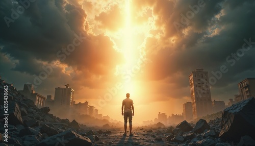 Man standing in destroyed city after catastrophe. Ruins and rubble landscape with bright light breaking through clouds. Hope and survival concept. Apocalyptic urban scenery view.