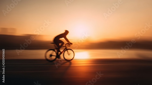 Cyclist riding at sunset with motion blur on waterfront road