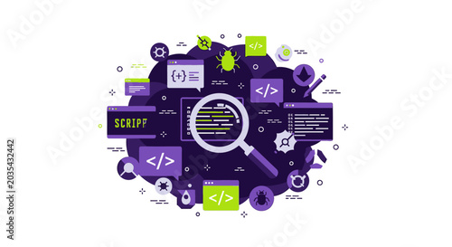 Software Development and Code Debugging Concept Illustration, Web Programming and Application Script Analysis Flat Vector Icon Set on White Background