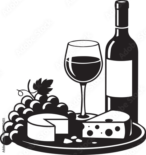 Wine tasting set with glass bottle and assorted cheese types alongside grape cluster for restaurant menu and kitchen wall decor.