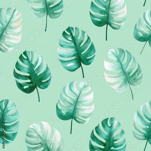 Green Monstera Tropical Leaf Pattern on Light Background for Decorative Botanical Wallpaper and Textile Design
