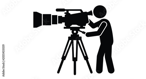 Foto cameraman silhouette with video camera on tripod isolated on white