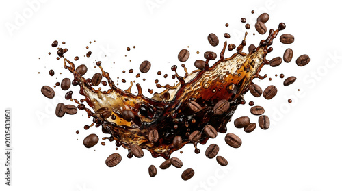Dynamic splash of dark liquid coffee with roasted coffee beans flying in the air against a solid black background