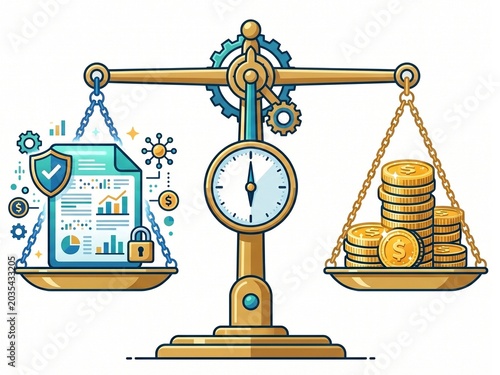 Financial Compliance Balance Scale Comparing Secure Document Audit and Gold Coin Stack Wealth Management