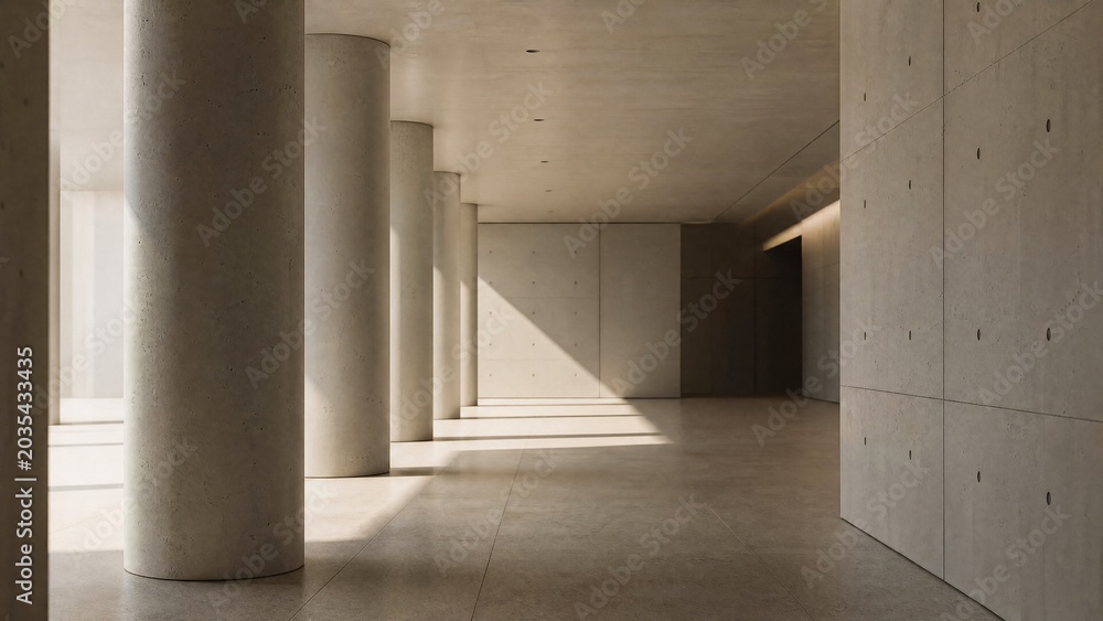 Naklejka premium diffusion. Minimalist architectural space with concrete columns and soft light diffusion, emphasizing clean lines. real-estate listings.