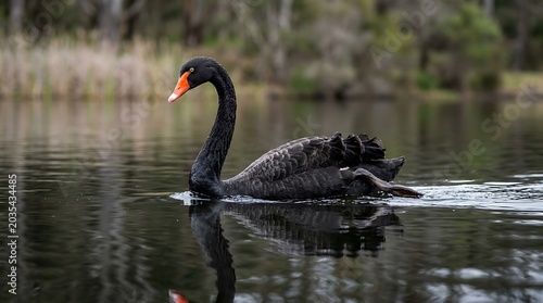 A majestic black swan swims effortlessly through calm, reflective wetlands under soft natural lighting.