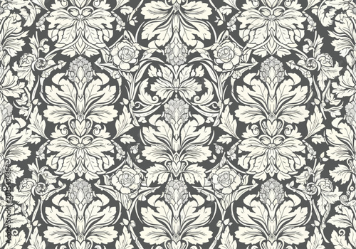 Traditional damask floral wallpaper pattern featuring elegant seamless ornamental blue background design